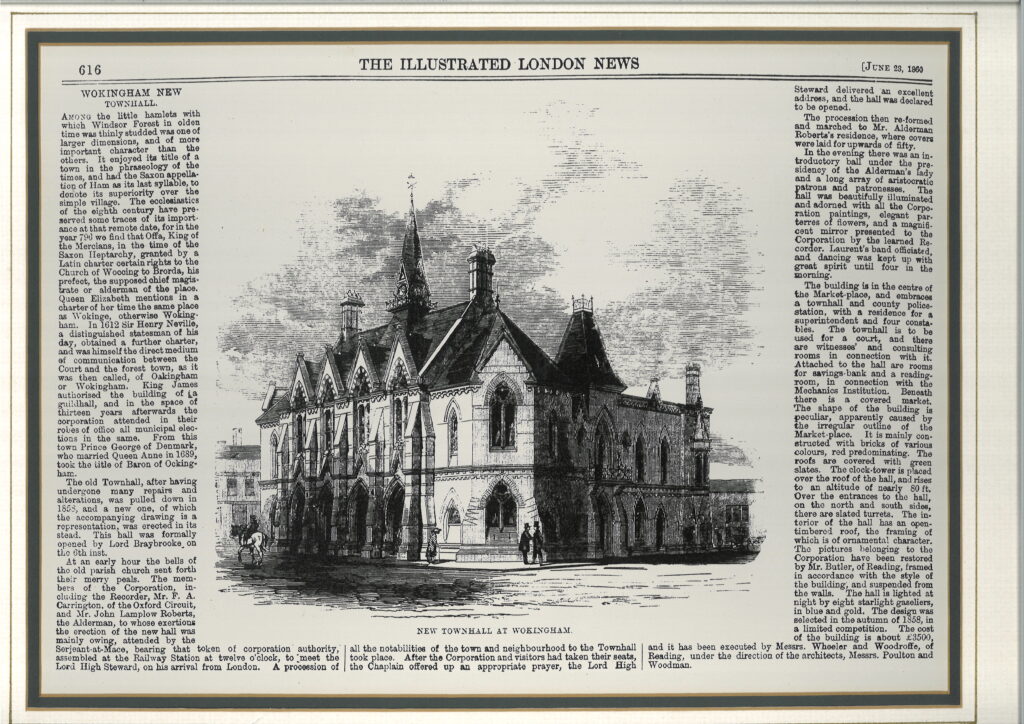 Newspaper clipping including a black ink engraving style printed image of the Town Hall.